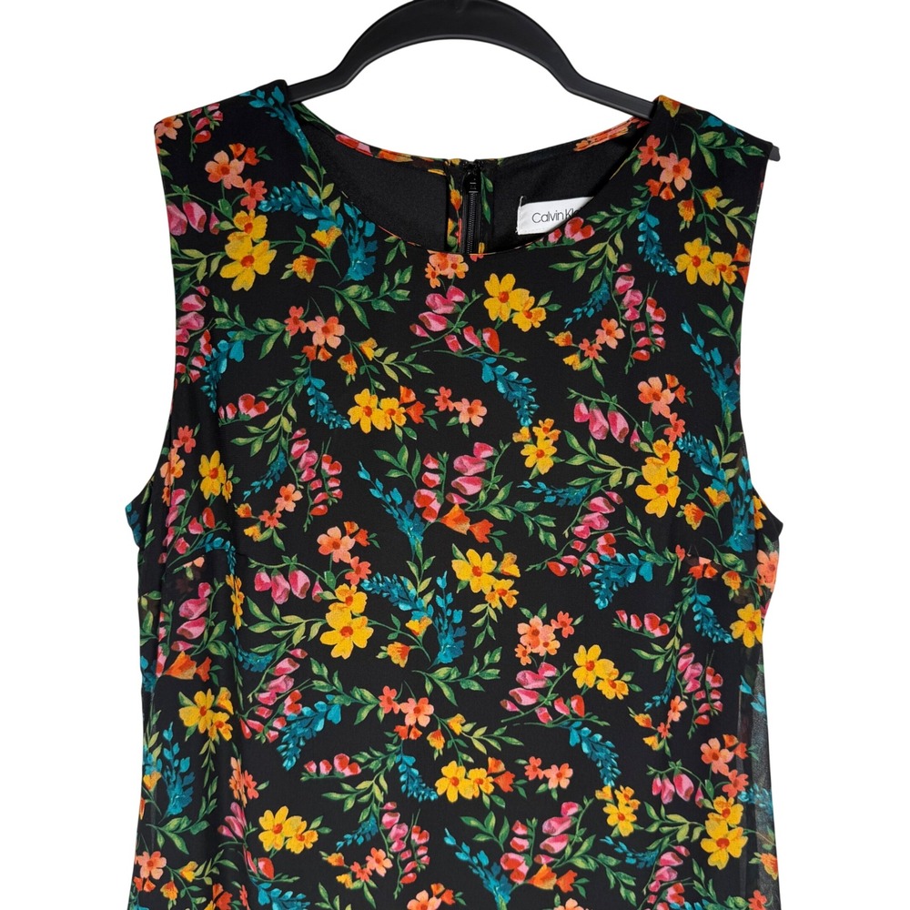 Calvin Klein Black Floral Chiffon Midi Dress Size 8 Sharkbite Hem Wedding Guest - Picture 2 of 12